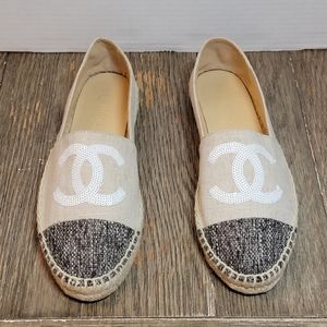 Chanel Beige Canvas Sequins CC Espadrilles Size 40.   10" Insoles